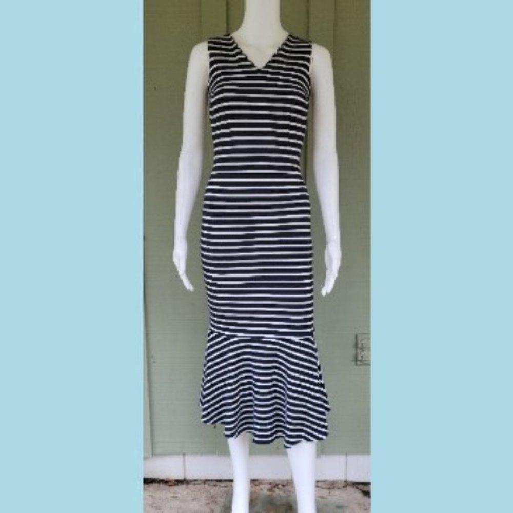 BANANA REPUBLIC Navy Blue Striped Flounce Hem Dress 0